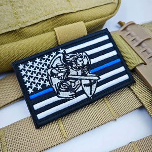 Saint Michael Thin Blue Line Patch, Hook and Loop, 3 x 2 Inches, Police Deputy Law Enforcement