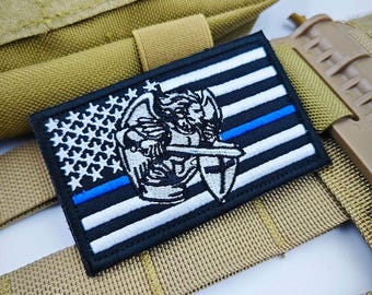Saint Michael Thin Blue Line Patch: Embroidered Hook and Loop (3x2 Inches)