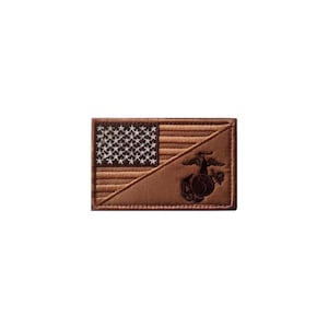 May include: A rectangular embroidered patch in shades of brown featuring a stylized American flag design. The upper left corner displays a star field, while the lower right section depicts the United States Marine Corps Eagle, Globe, and Anchor emblem.