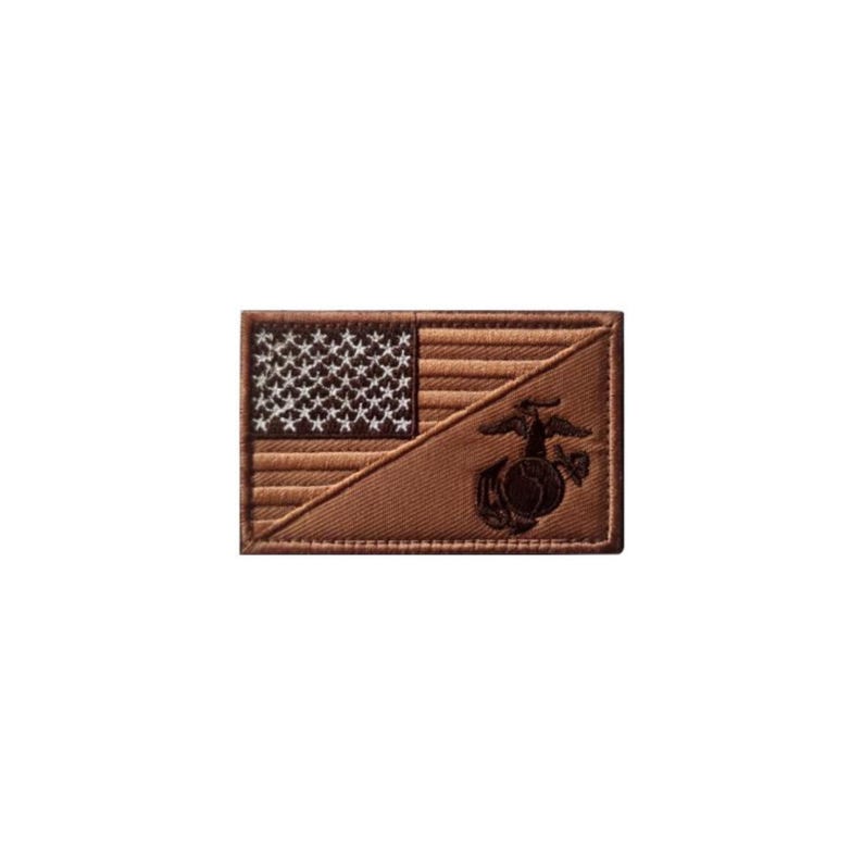 May include: A rectangular embroidered patch in shades of brown featuring a stylized American flag design. The upper left corner displays a star field, while the lower right section depicts the United States Marine Corps Eagle, Globe, and Anchor emblem.
