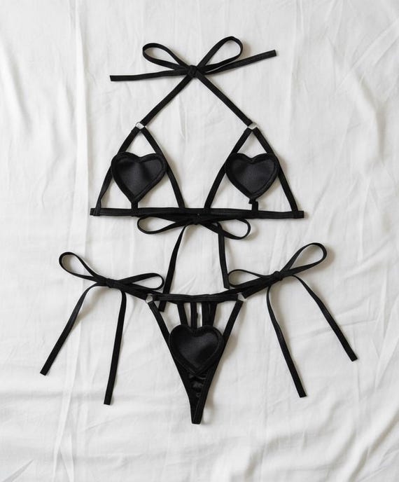 Midnight Heartbreak Satin Strappy Lingerie Set, Black Lingerie, Valentine Lingerie