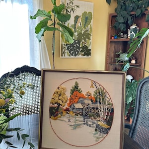 vintage handmade &quot;fall mill pond&quot; crewel
