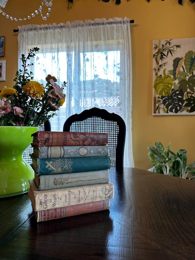 May include: A stack of vintage books with worn spines and titles including "The Grapes of Wrath" and "The Men Made the Nation", sitting on a wooden table.