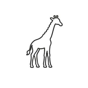 May include: A black line drawing of a giraffe in profile, facing right. The illustration features a simple outline of the animal's long neck, slender legs, and tail, rendered with a clean, continuous stroke against a plain white background.