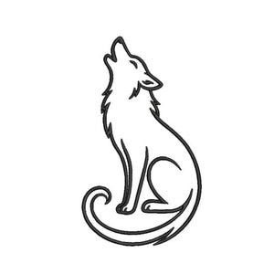 May include: A black line art illustration of a wolf sitting and howling with its head tilted upward. The design features a clean, continuous outline of the animal with a curled tail, presented against a plain white background for clear visibility.
