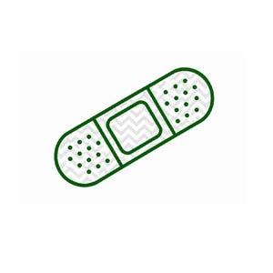 May include: A green outline of a bandage on a white background. The bandage has a rectangular pad in the center with a zigzag pattern and small dots on each end.