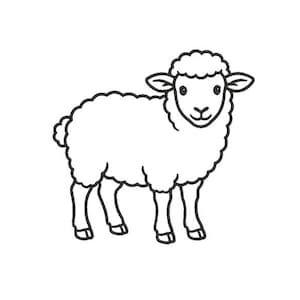 Könnte beinhalten: Eine schwarz-weiße Strichzeichnung eines stehenden Schafes. Das Schaf ist im Profil dargestellt, blickt nach vorne und hat ein flauschiges, strukturiertes Fell, kleine Ohren und vier Beine mit Hufen. Die Zeichnung verwendet klare Linien.