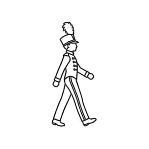 May include: A black and white line art illustration of a marching band member in profile. The figure wears a tall shako hat with a plume, a buttoned uniform jacket with long sleeves, trousers with a side stripe, and shoes while walking forward.