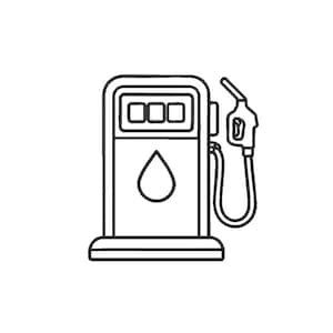 May include: Line art illustration of a gas pump. The pump has a rectangular body with a digital display and a teardrop symbol. A nozzle and hose are attached to the side. The image is in black and white.