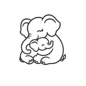 May include: A black and white line drawing of a mother elephant hugging a baby elephant. The elephants are smiling and the image is on a white background. The image is a simple, minimalist design.