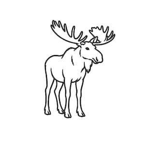 Könnte beinhalten: Schwarz-weiße Strichzeichnung eines Elchs auf weißem Hintergrund. Der Elch hat ein großes Geweih und ist nach vorne gerichtet. Es ist eine einfache, minimalistische Illustration.