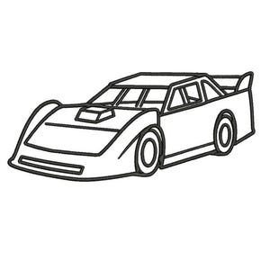 May include: A black and white line drawing of a stock car featuring a low-profile aerodynamic body, a prominent hood scoop, a rear spoiler, and two visible wheels. The design uses simple outlines to define the vehicle's racing silhouette.