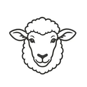 May include: A black and white line art illustration of a sheep head. The design features a simple, clean outline of a sheep with curly wool texture around the face, pointed ears, and a symmetrical facial expression on a plain white background.