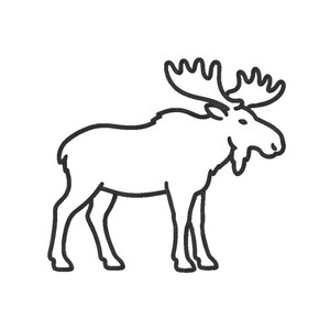 Puede incluir: Un dibujo de línea negra de un alce de perfil, mirando hacia la derecha. La ilustración muestra la forma distintiva del animal, incluyendo sus grandes astas, una joroba en la espalda y una pequeña barba bajo la barbilla, todo en un estilo de contorno simple.