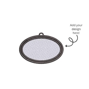 May include: An oval-shaped embroidery patch with a dark brown stitched border and a light grey textured fabric center. A small loop is attached to the top edge. To the right, a black arrow points to the center with the text Add your design here!