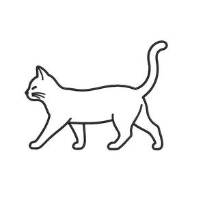 May include: A minimalist black and white illustration of a cat walking to the left. The cat is depicted in a simple line drawing style, with its tail curved upwards. The background is plain white.