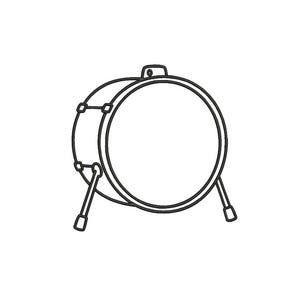 Puede incluir: Un dibujo de líneas en blanco y negro de un bombo. El tambor se representa desde un ángulo lateral, mostrando el parche circular, el cuerpo cilíndrico y dos patas que se extienden hacia abajo para sostener el instrumento. El diseño es simple.