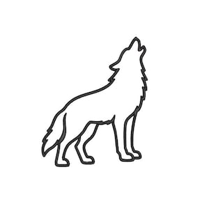 Pode incluir: Ilustração a preto e branco de um lobo a uivar. O lobo é retratado de perfil, com a cabeça levantada e a boca aberta. A imagem é simples e gráfica, sobre fundo branco.