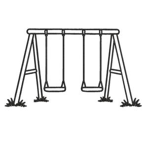 May include: A black and white line drawing of a playground swing set featuring two hanging seats suspended from a horizontal top bar supported by two A-frame structures, with small patches of grass depicted at the base of each support leg.