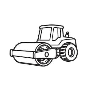 Op de afbeelding: Zwart-witte lijntekening van een wals, een bouwmachine. De wals heeft een grote cilindrische trommel aan de voorkant en twee achterwielen. Het voertuig is afgebeeld tegen een witte achtergrond.