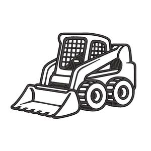 May include: Black and white line drawing of a skid steer loader. The construction vehicle has a bucket, two wheels on each side, and a cab with a grid pattern. The image is on a white background.