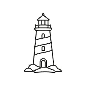 May include: A black and white line art illustration of a lighthouse standing on a rocky base. The lighthouse features a conical roof, a lantern room with windows, and a central tower decorated with a spiral pattern, ending in a ground-level door.