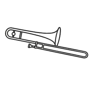 Puede incluir: Una ilustración de arte lineal en blanco y negro de un trombón, instrumento musical. El dibujo presenta la vara larga, la campana y la boquilla, representados con contornos simples y limpios sobre un fondo blanco liso.