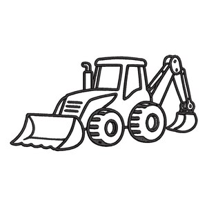 Op de afbeelding: Zwart-witte lijntekening van een graafmachine, een bouwmachine met een voorste bak en een achterste graafarm. Het voertuig heeft grote wielen en een cabine. De afbeelding is een eenvoudige omtrek op een witte achtergrond.