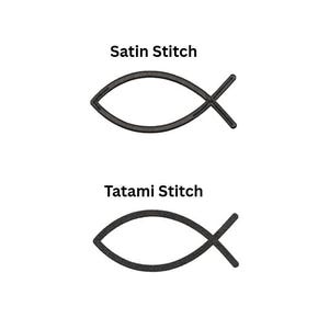 May include: Two black fish symbols on a white background. The top fish is labeled "Satin Stitch" and the bottom fish is labeled "Tatami Stitch". The fish symbols are a simple outline.