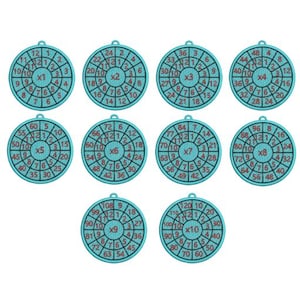 May include: A set of ten teal multiplication wheels with numbers and multiplication symbols. Each wheel has a different multiplier from x1 to x10, with the answers arranged around the center. The wheels are designed for educational purposes.