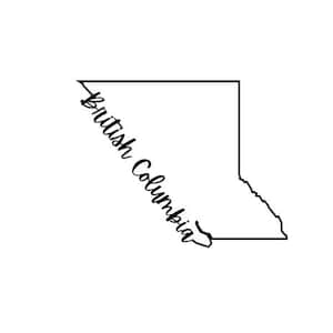May include: A black and white graphic of the British Columbia province in Canada. The name 'British Columbia' is written in a cursive font across the image. The design is simple and clean.