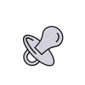 May include: A black-outlined pacifier with a light gray fill, set against a white background. The pacifier features a rounded nipple and a shield with a loop for attachment, commonly used for soothing infants.