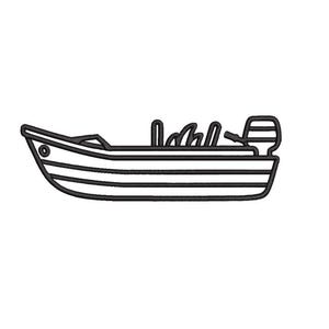 May include: Black line drawing of a motorboat on a white background. The boat features a motor, windshield, and horizontal lines on the hull. It is designed for recreational use and is suitable for leisure activities.