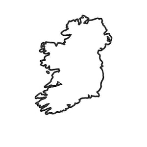 Könnte beinhalten: Eine schwarze Umrisslinie der Insel Irland auf weißem Hintergrund. Die Karte zeigt die Form der Insel, einschließlich ihrer Küstenlinie und wichtiger geografischer Merkmale. Das Bild ist ein einfaches, minimalistisches Design.
