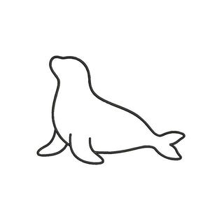 May include: A simple black line drawing of a seal in profile, facing towards the left. The illustration features a clean, continuous outline that defines the shape of the seal's head, body, front flippers, and tail against a plain white background.