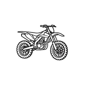 May include: A black and white line drawing of a motocross motorcycle. The motorcycle features large, knobbly tyres, a high seat, and handlebars. The design is a side view, showing the engine and frame details.
