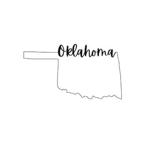 May include: A minimalist black and white illustration of the state of Oklahoma. The outline of the state is depicted with a thin black line, and the word "Oklahoma" is written in a cursive font within the state's boundaries.