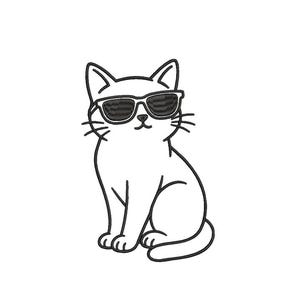 May include: A black and white illustration of a cat wearing sunglasses. The cat is sitting upright with its paws together. The image is a simple line drawing on a white background.