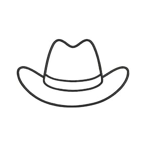 Puede incluir: Un sencillo dibujo de líneas negras de un sombrero de vaquero. La ilustración presenta una copa clásica con un pliegue central y un ala ancha y curvada. El diseño está realizado con contornos limpios y marcados sobre un fondo blanco.