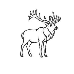 Op de afbeelding: Een zwart-witte lijntekening van een majestueuze eland met grote geweien. De eland staat, naar rechts gericht, met gedetailleerde lijnen die zijn vacht, poten en kop definiëren. De achtergrond is wit.