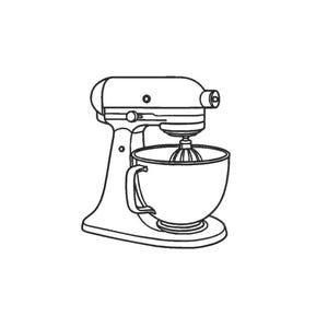 May include: Line drawing of a stand mixer, a kitchen appliance used for mixing ingredients. The mixer has a bowl, a whisk attachment, and a motor housing. The design is simple and clean, with a focus on the essential elements of the appliance.
