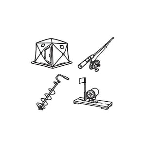May include: Line drawing of ice fishing equipment, including a small tent, fishing rod with reel, ice auger, and a motorized ice fishing machine with a flag.