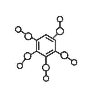 May include: A black line drawing of a chemical structure featuring a central hexagon with double lines inside. Five branches extend from the hexagon, each consisting of two connected circles, creating a symmetrical molecular diagram design.