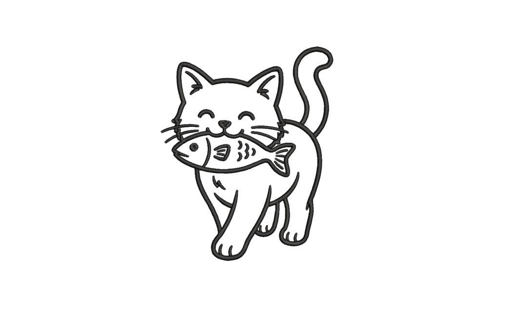 Cat With Fish Outline Machine Embroidery File Download | 8 Sizes - Etsy