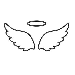 May include: A black outline illustration of angel wings and a halo on a white background. The wings are symmetrical and detailed, with curved edges. The halo is a simple circle above the wings.