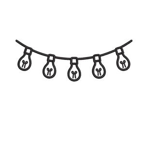 Op de afbeelding: Een zwarte lijntekening van een slinger van vijf gloeilampen. Elke lamp heeft een druppelvorm met een kleine, gestileerde gloeidraad erin. De lampen zijn verbonden door een gebogen zwarte lijn, wat een feestelijke of decoratieve verlichting suggereert.