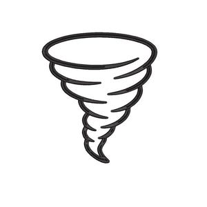 May include: A black and white embroidered design of a tornado. The graphic features a funnel-shaped vortex with a wide, circular top that tapers down to a narrow point at the bottom, outlined with thick black stitching against a plain white background.