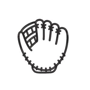 Puede incluir: Un dibujo lineal en blanco y negro de un guante de béisbol. El guante se muestra desde el lado de la palma, con los dedos y el pulgar extendidos. Las costuras y la red son claramente visibles.