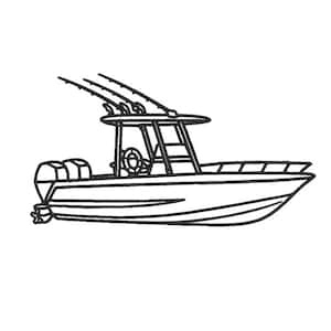 May include: Line drawing of a fishing boat with three fishing rods, a life preserver, and a ladder. The boat is black and white, with a detailed outline of the hull, cabin, and motor.