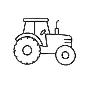 May include: A black line art illustration of a farm tractor shown in profile. The tractor features a large rear tire with tread, a smaller front tire, a cabin with a steering wheel visible inside, and a vertical exhaust pipe on the hood.